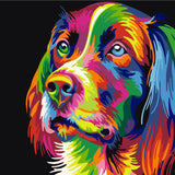 Colorful abstract dog portrait with vibrant hues on black background