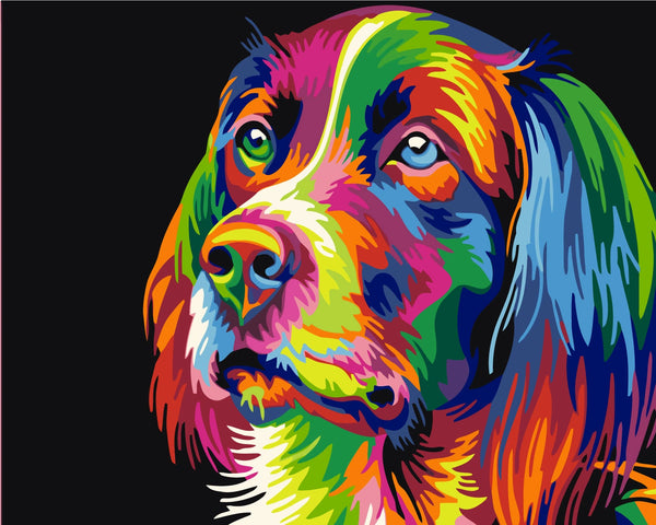 Colorful abstract dog portrait with vibrant hues on black background