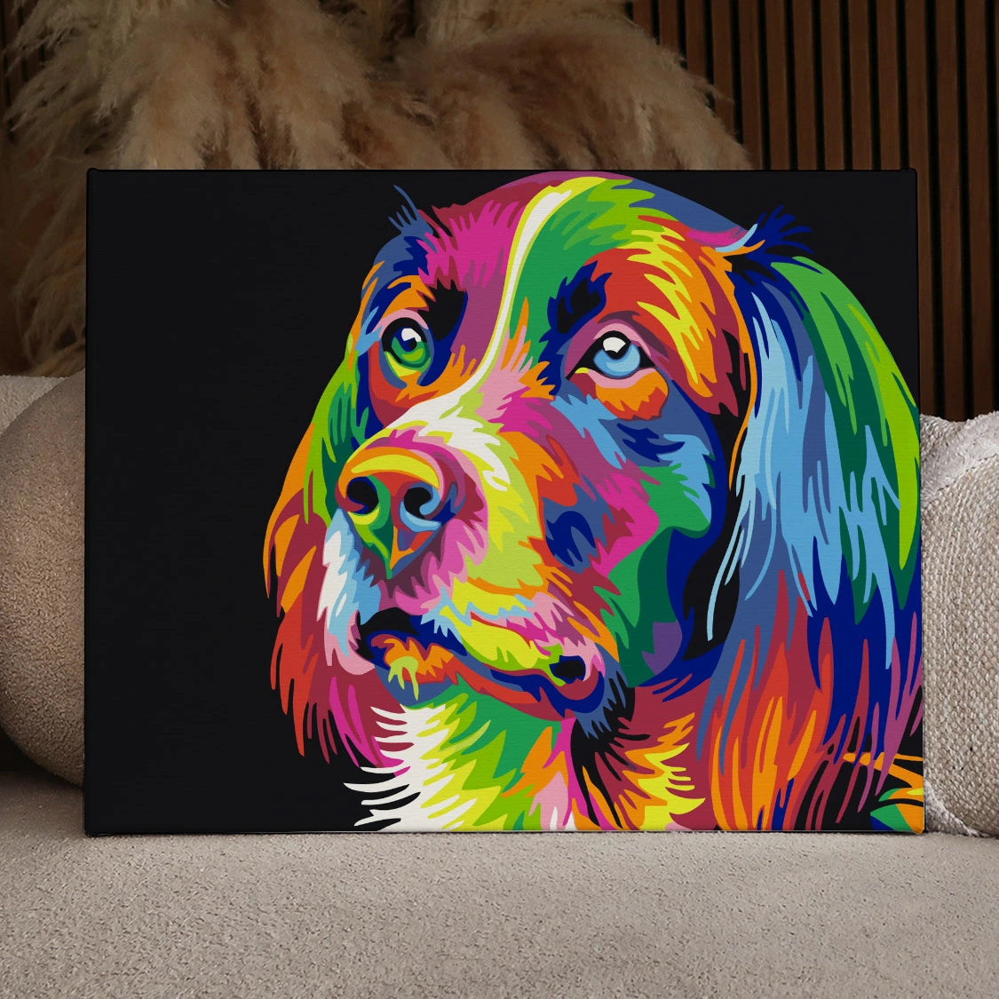 Colorful abstract dog portrait with vibrant hues on black background