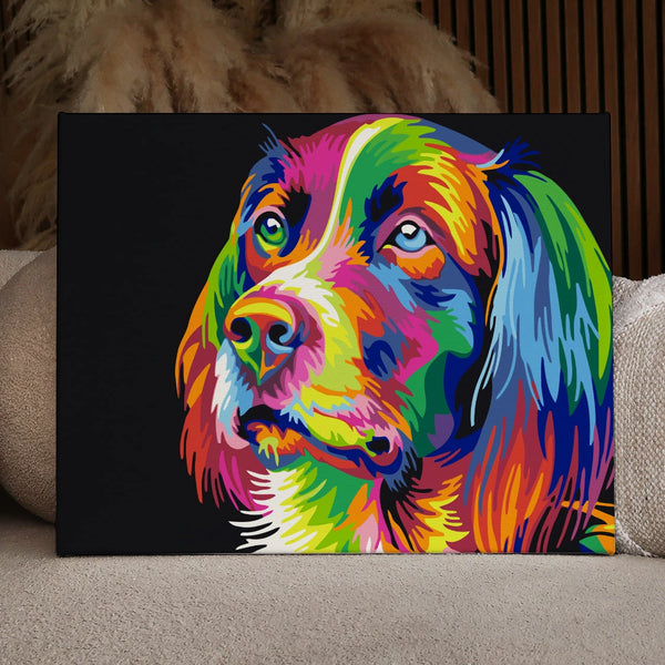 Colorful abstract dog portrait with vibrant hues on black background