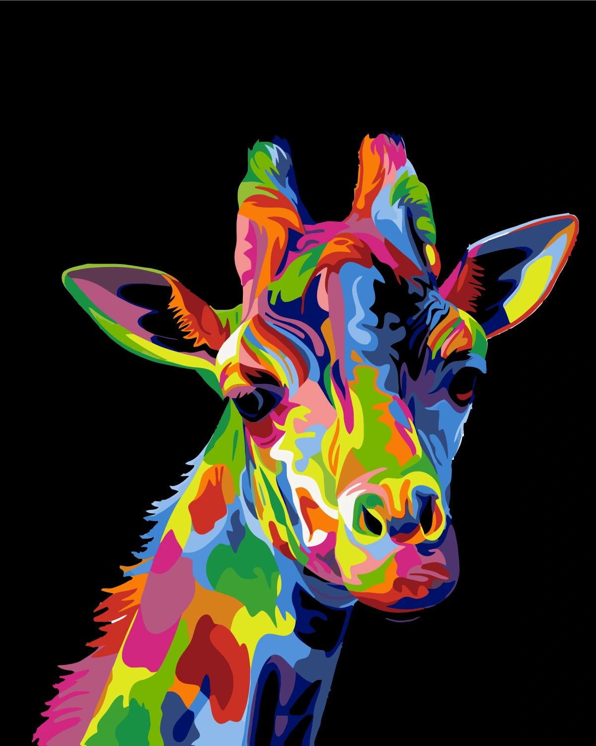 Colorful abstract giraffe painting with vibrant artistic splashes
