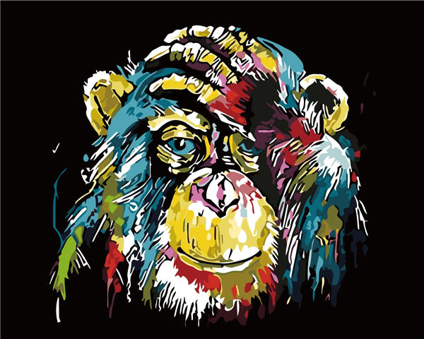 Colorful abstract chimpanzee painting with expressive brush strokes