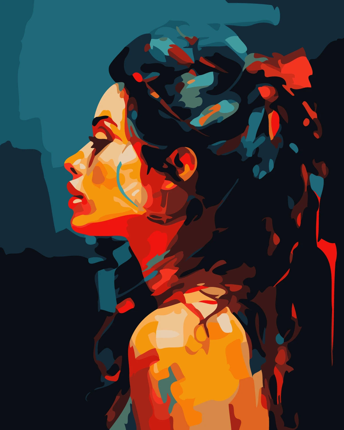 Vibrant portrait of a woman in profile with bold colors