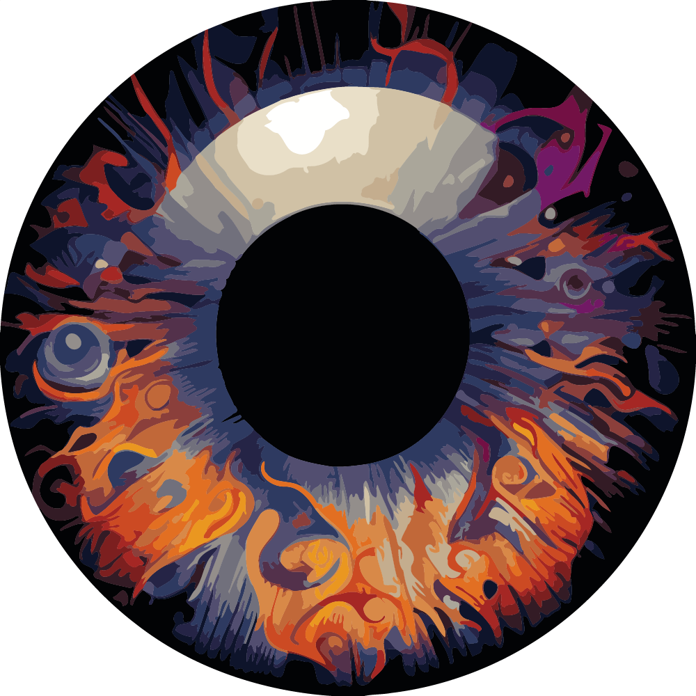 Abstract painting of a human eye with fiery artistic details