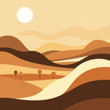 Minimalist landscape painting of rolling desert hills and sun