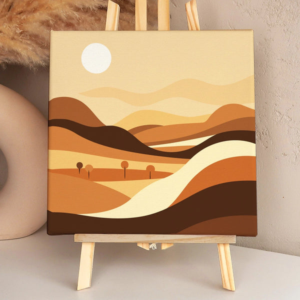 Minimalist landscape painting of rolling desert hills and sun