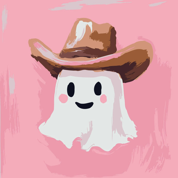 Cute ghost wearing cowboy hat on pink abstract background