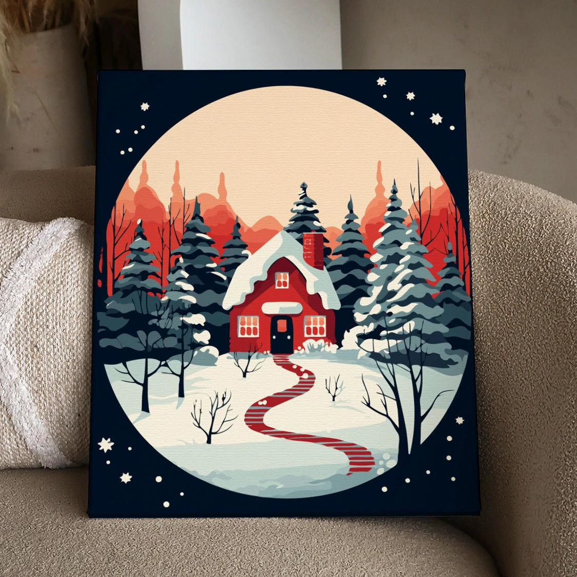 Snowy winter cabin surrounded by pine trees under a glowing moonlit sky
