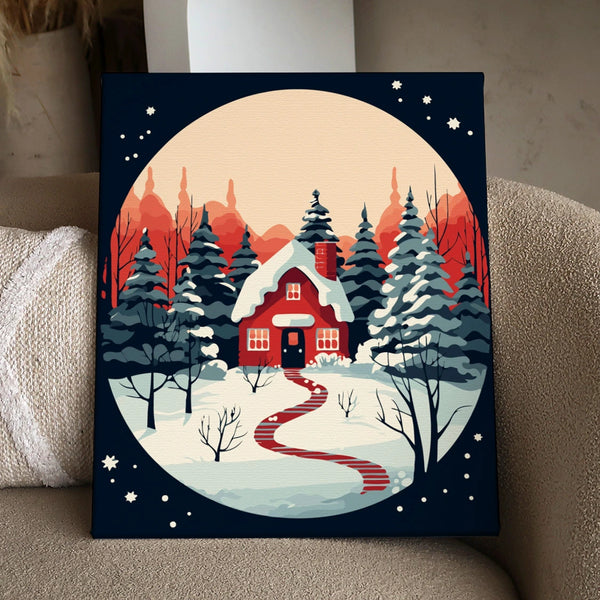 Snowy winter cabin surrounded by pine trees under a glowing moonlit sky