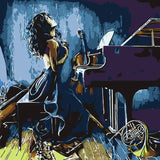 Dramatic painting of a woman with musical instruments and piano