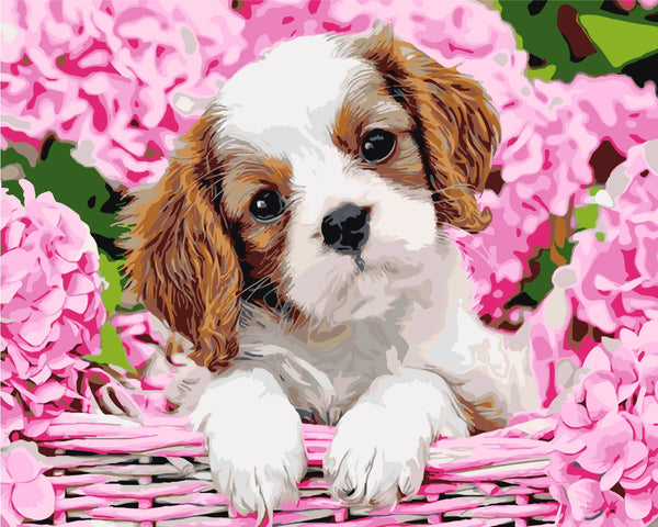 Adorable puppy in basket surrounded by pink hydrangea flowers