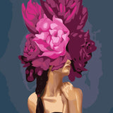 Woman with large pink flowers covering eyes in expressive painting