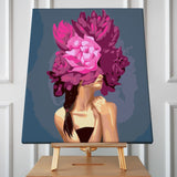 Woman with large pink flowers covering eyes in expressive painting