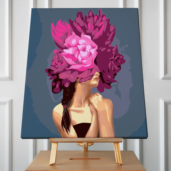 Woman with large pink flowers covering eyes in expressive painting