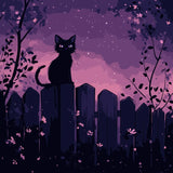 A black cat with glowing eyes sits on a wooden fence under a starry purple night sky, surrounded by mystical foliage and soft moonlight.