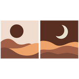 Minimalist landscape painting of desert hills with sun and moon