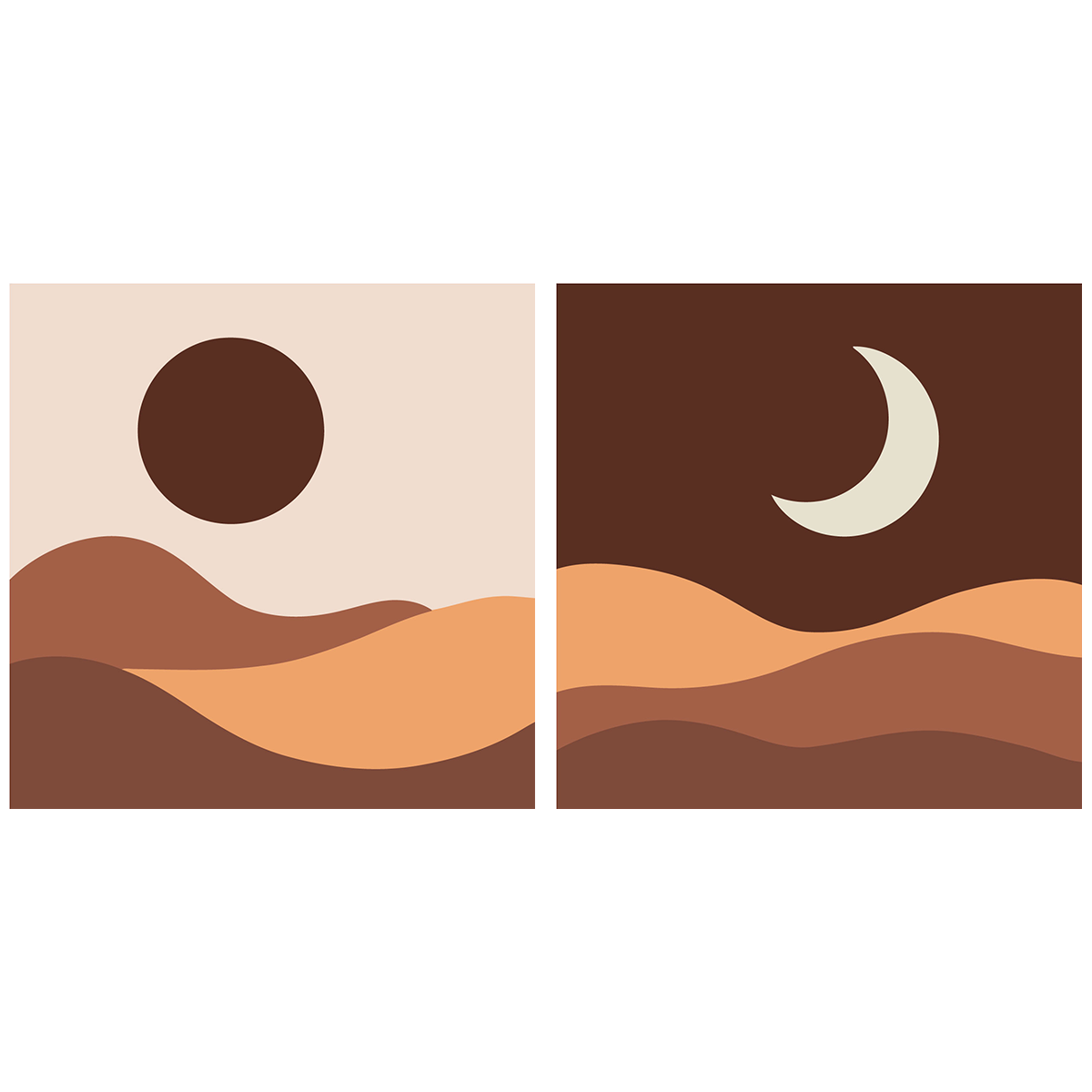Minimalist landscape painting of desert hills with sun and moon