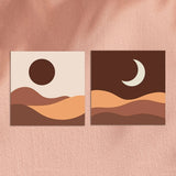 Minimalist landscape painting of desert hills with sun and moon