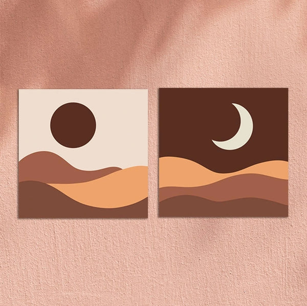 Minimalist landscape painting of desert hills with sun and moon