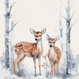 Two deer standing in a snowy winter forest with bare trees