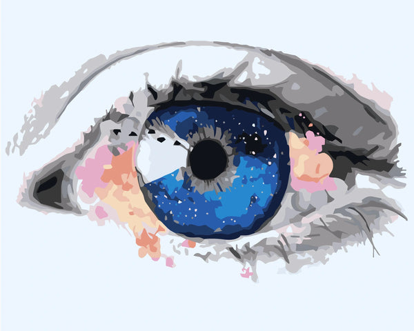Surreal painting of a blue eye with galaxy-like details