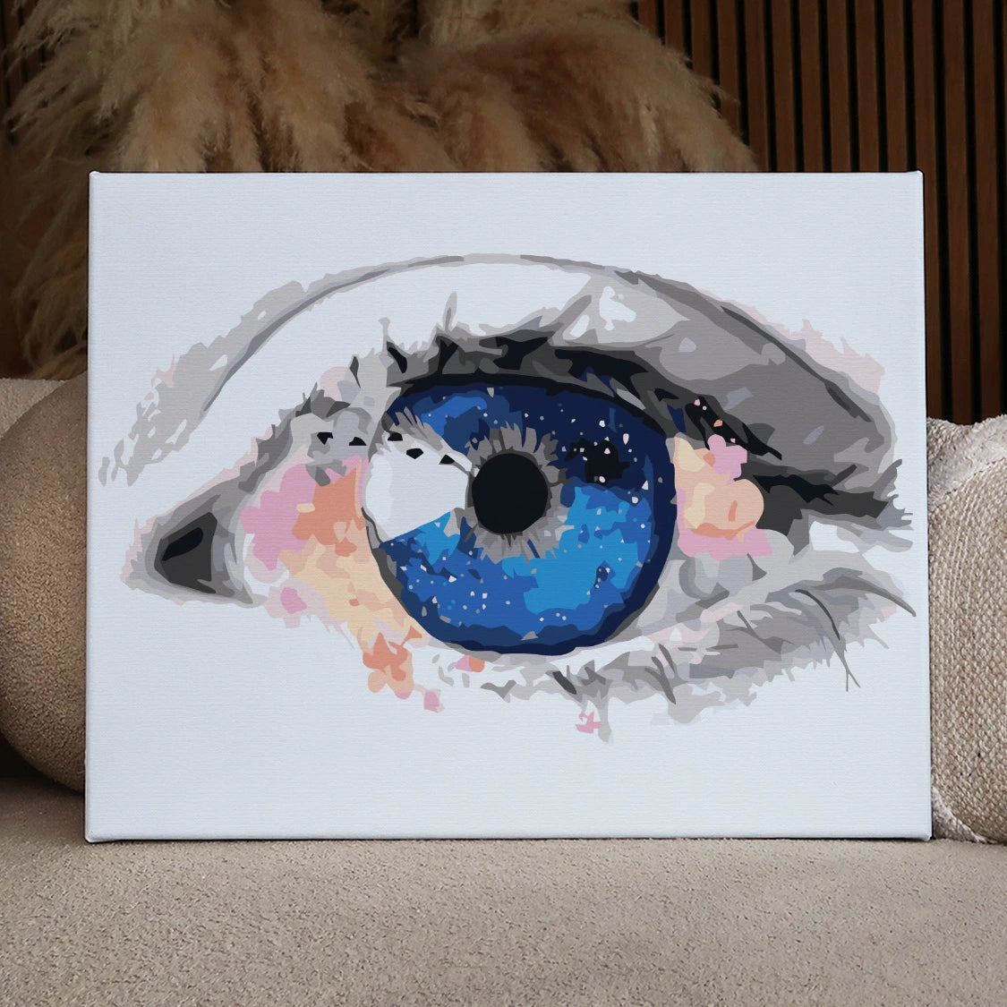 Surreal painting of a blue eye with galaxy-like details