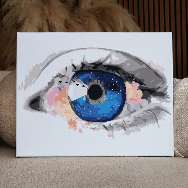 Surreal painting of a blue eye with galaxy-like details