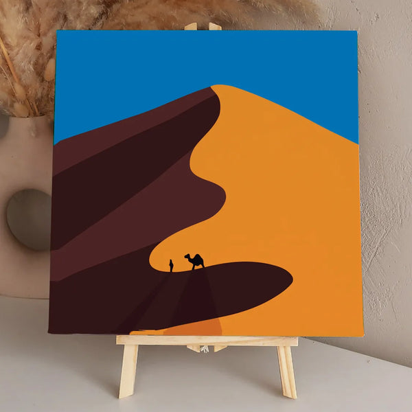 Minimalist painting of a desert dune with camel and traveler