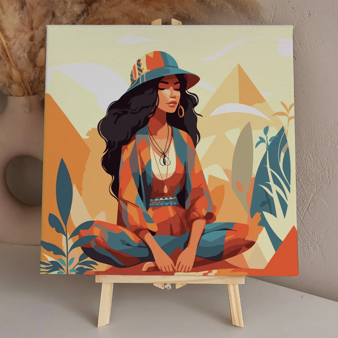 Bohemian woman meditating in desert with pyramids in background