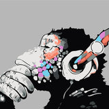 Colorful abstract chimpanzee wearing headphones in a contemplative pose