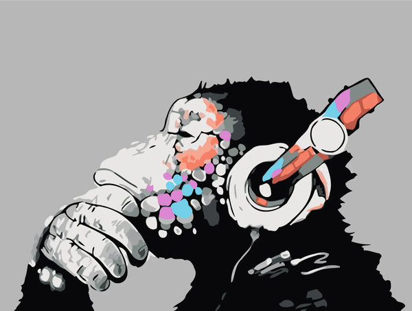 Colorful abstract chimpanzee wearing headphones in a contemplative pose