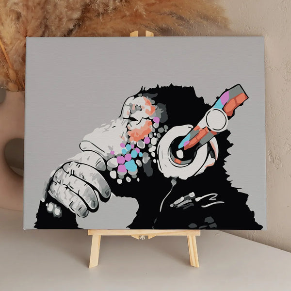 Colorful abstract chimpanzee wearing headphones in a contemplative pose