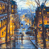 Romantic European cityscape with stairs lights and winter glow