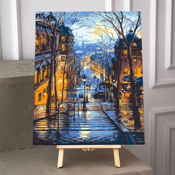Romantic European cityscape with stairs lights and winter glow