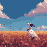 Dog in a wildflower field under a bright blue sky
