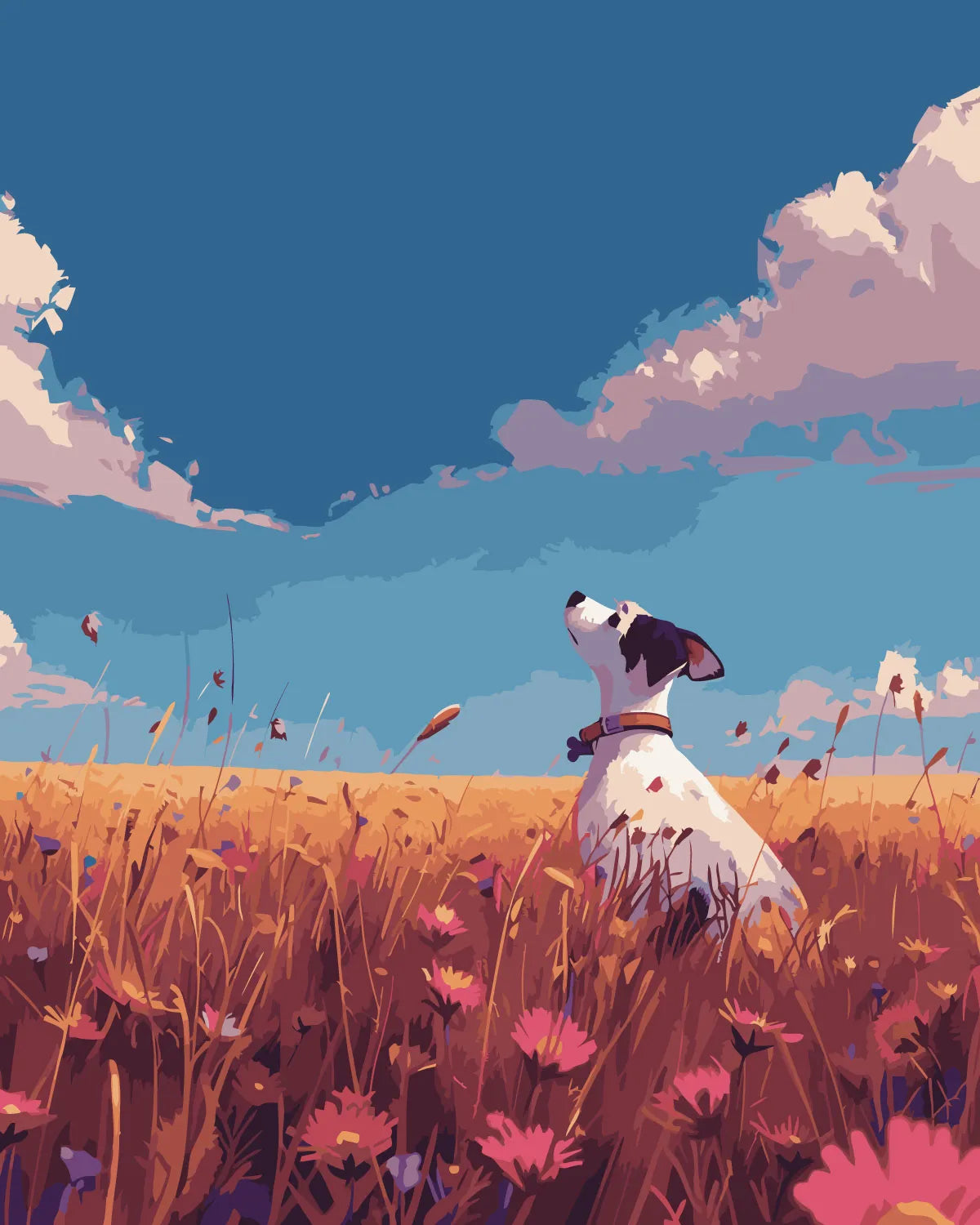 Dog in a wildflower field under a bright blue sky