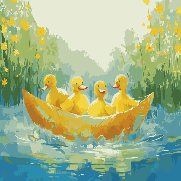 Four ducklings in a banana boat on a peaceful river