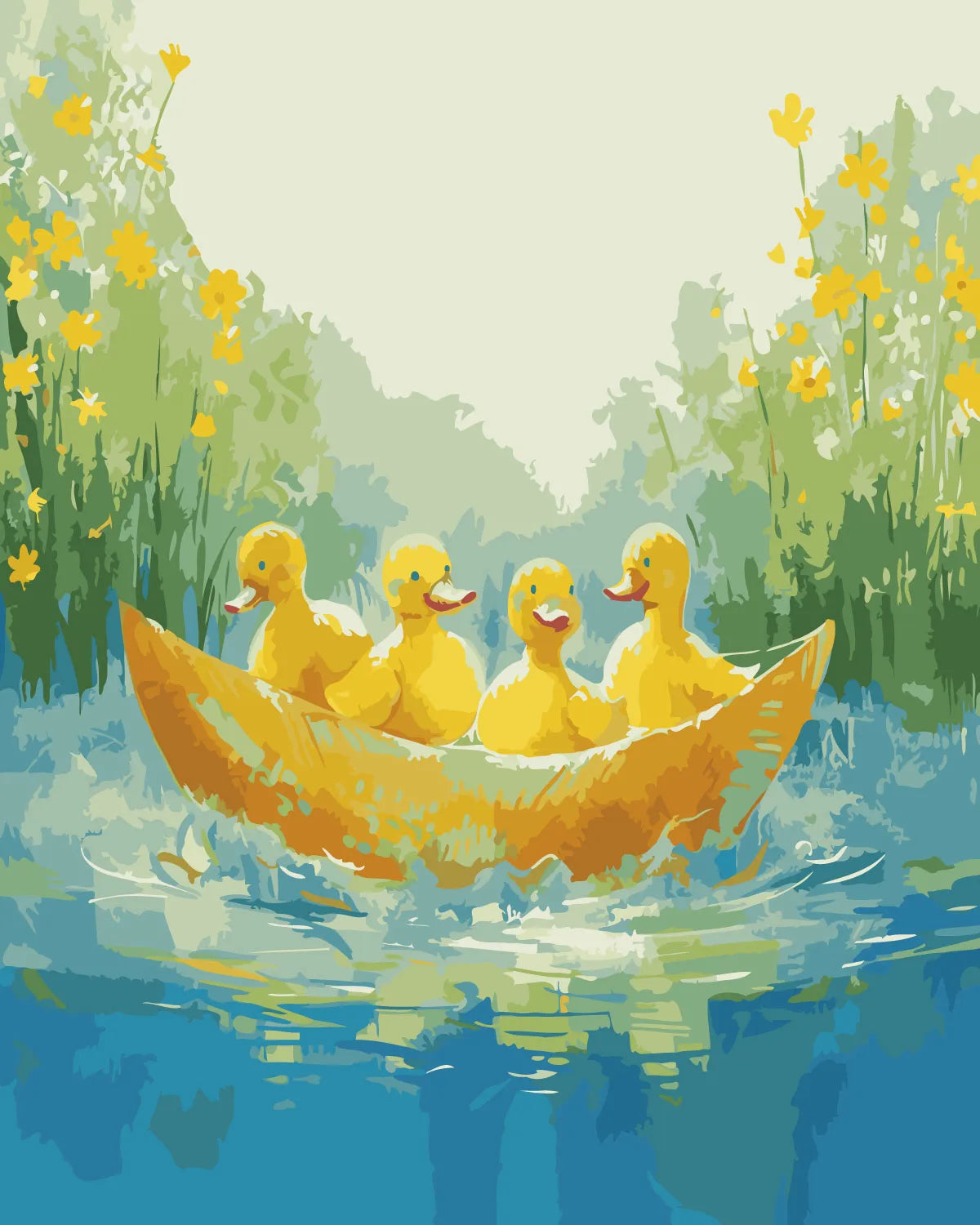 Four ducklings in a banana boat on a peaceful river