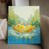 Four ducklings in a banana boat on a peaceful river