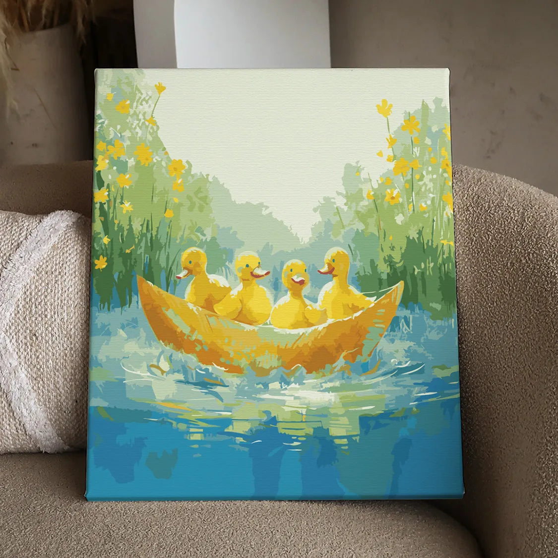 Four ducklings in a banana boat on a peaceful river