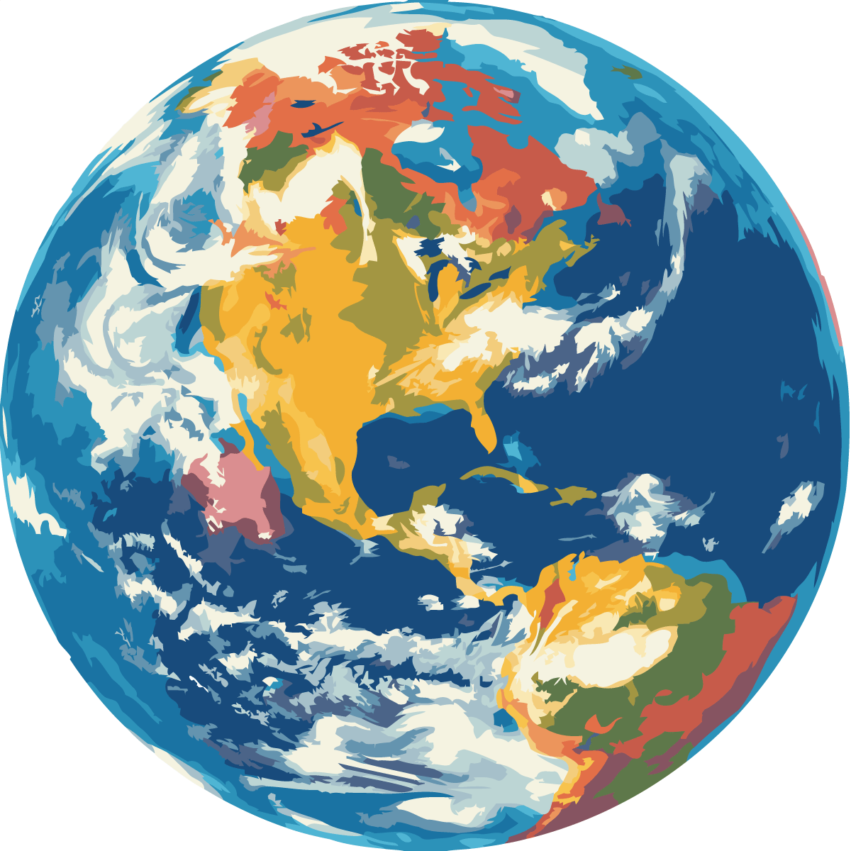 Colorful painting of Earth showing North and South America