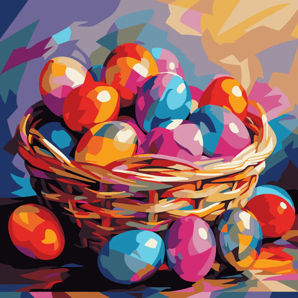 Colorful Easter eggs in a woven basket with vibrant background