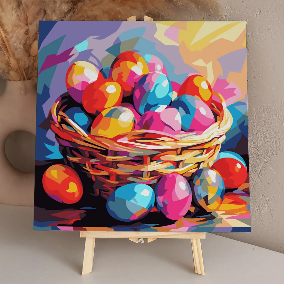 Colorful Easter eggs in a woven basket with vibrant background