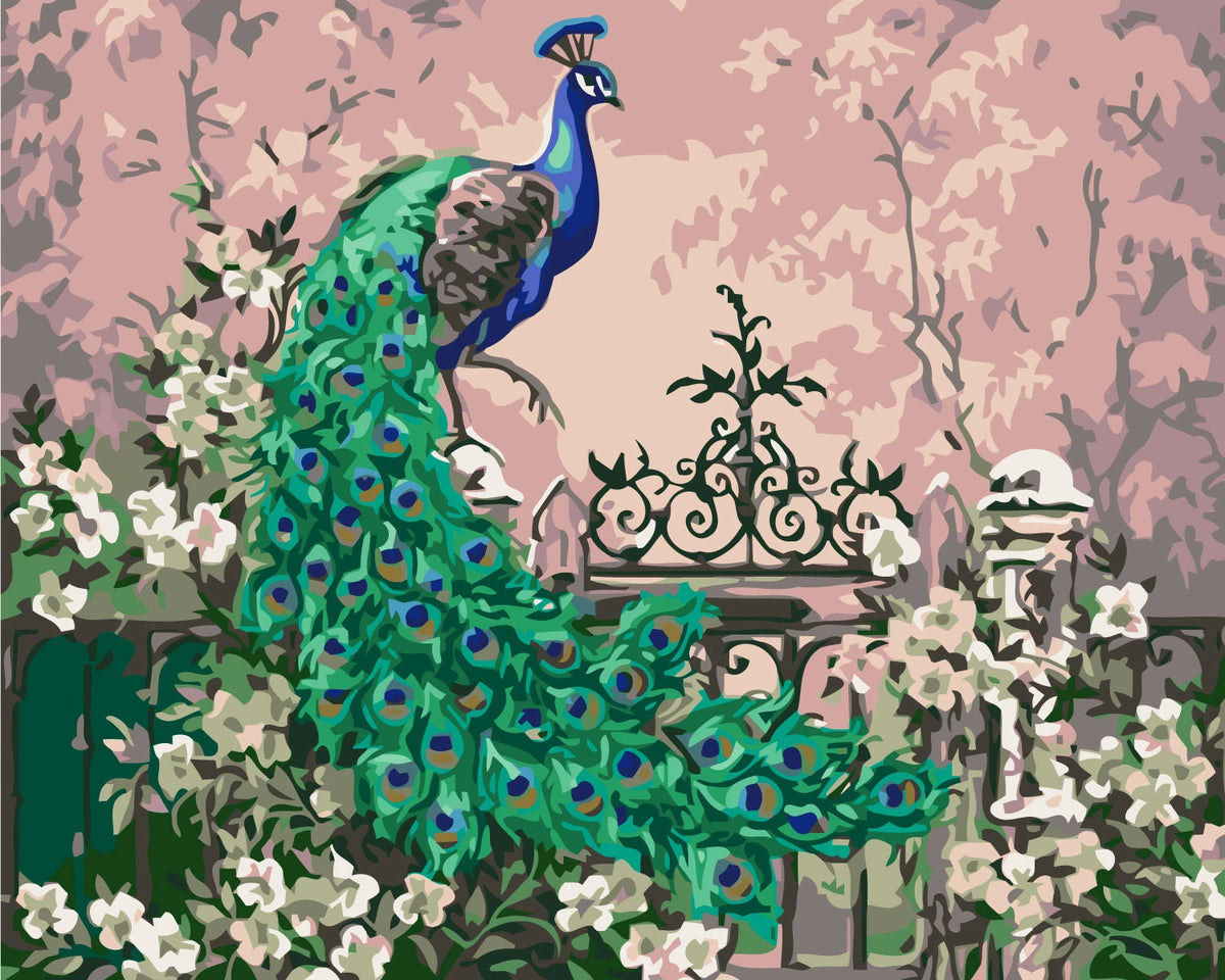 Majestic peacock perched on a garden fence with flowers