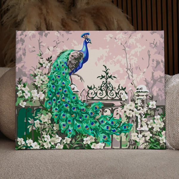 Majestic peacock perched on a garden fence with flowers