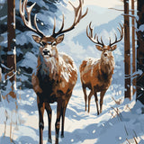 Two majestic deer standing in a snowy winter forest scene