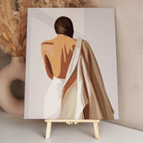 Minimalist painting of a woman with bare back and draped fabric