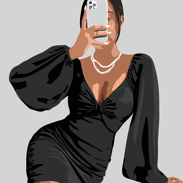 Stylish woman in black dress taking a mirror selfie
