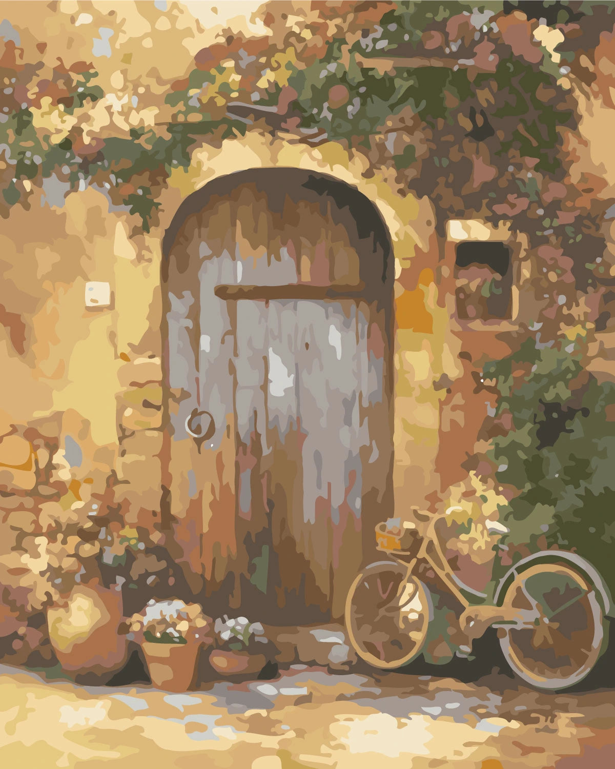Rustic wooden door with vintage bicycle and potted flowers