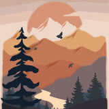 Minimalist mountain landscape with birds, trees, and sunset sky